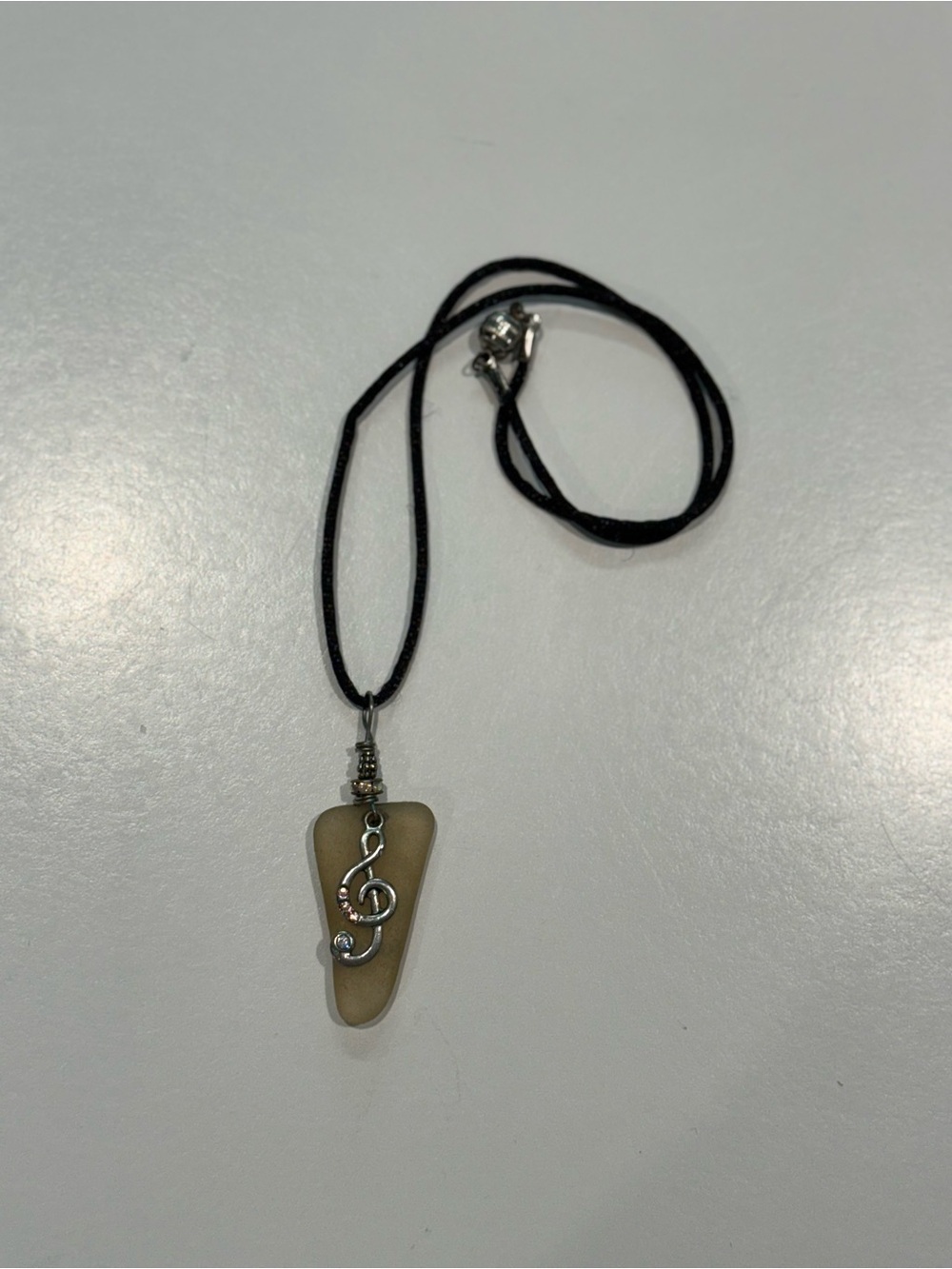 Sea Glass Pendant Necklace with Treble Clef Accent - Brown